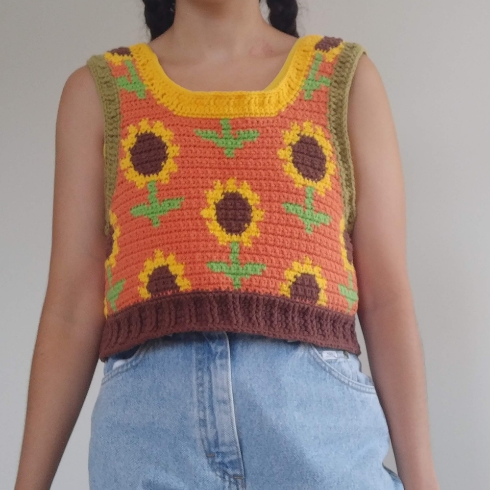 Crochet Sunflower Checkered Sweater Vest